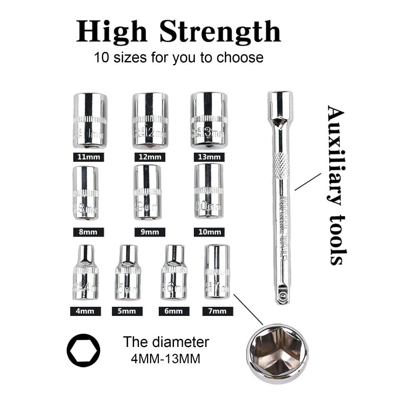 Egofine 12pcs 1/4 Inch Mini Ratchet Socket Wrench Set, Drive Socket Set with 10 Sockets (4-13mm) and 2 Way Quick Released Ratchet Handle and Extension Bar - Image 5